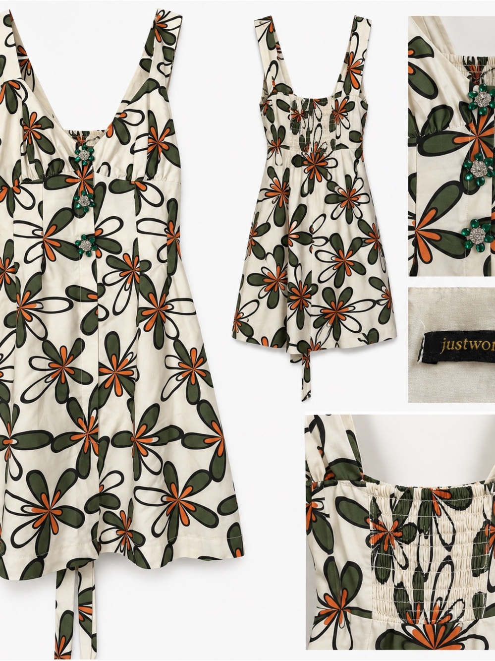 JustWomen Cream Floral Mini Dress with Green & Orange PrintS/M